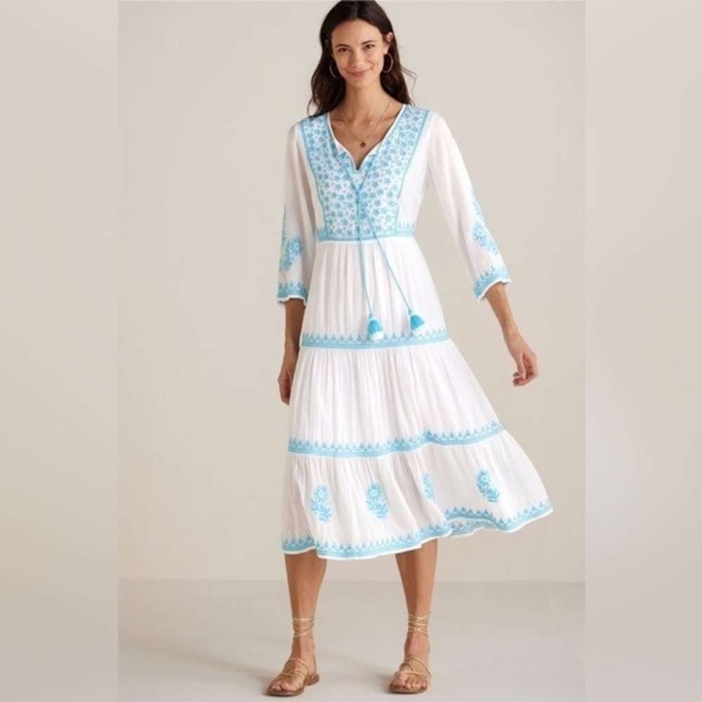 Soft Surroundings Juniper Cotton 3/4 Sleeve White Blue Midi Dress Size Medium